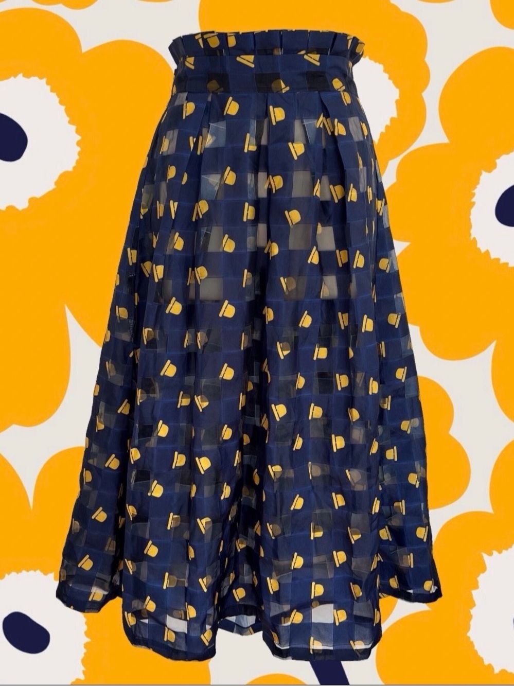 super cute high waist navy pleated skirt with yellow hats pattern